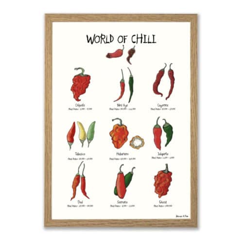World of Chili plakat på hvid baggrund, med titlen øverst. Oversigt med 9 forskellige slags chili, med heat-index noteret under hver enkelt. Chilierne er tegnet i en skæv og charmerende streg, i rødlige og grønlige nuancer.