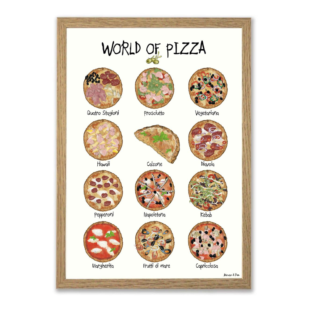 World of Pizza plakat på hvid baggrund, med 12 forskellige slaks pizzaer på. Pizzaerne er tegnet i en skæv og charmerende streg.