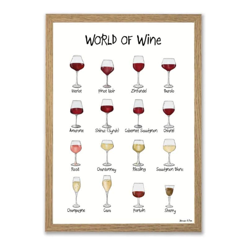 World of Wine plakat på en hvid baggrund og med 16 forskellige vine på. Der er forskellige rødvine, hvidvine, champagne og dessertvine på. Tegnet i en skæv og charmerende streg.