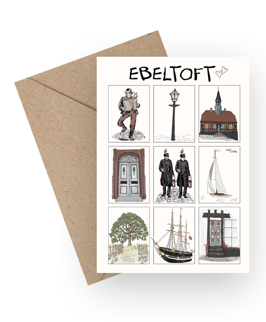 A6 kort med lokale motiver fra Ebeltoft.