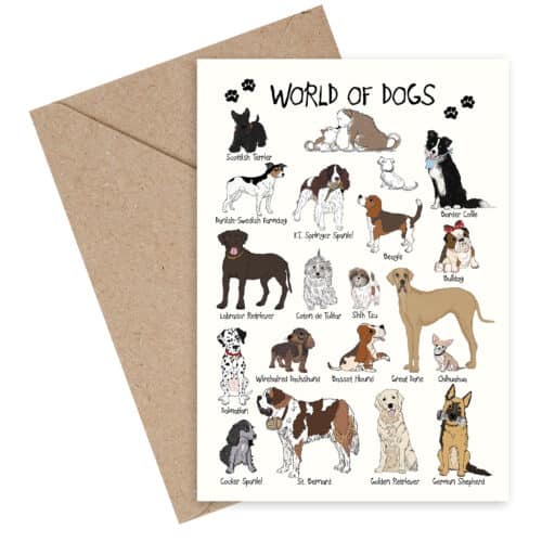 Kort med håndtegnede illustrationer af forskellige hunderacer.