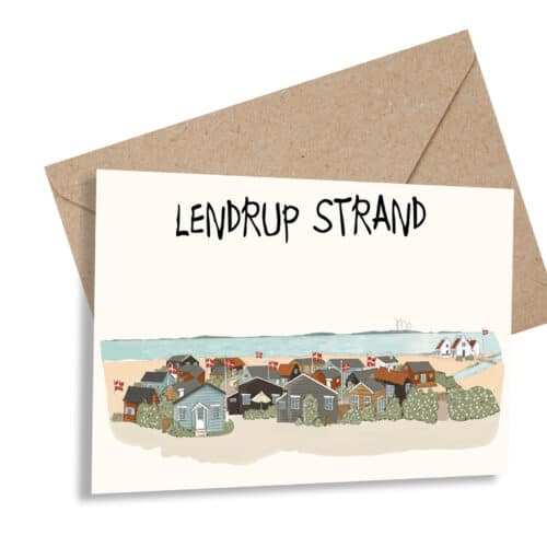 Håndtegnet A6 kort med Lendrup Strand.