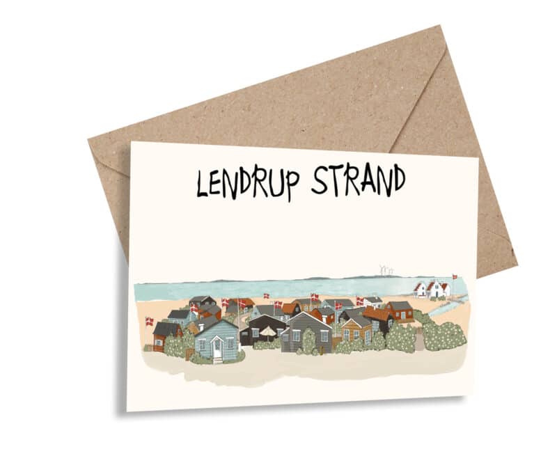 Håndtegnet A6 kort med Lendrup Strand.