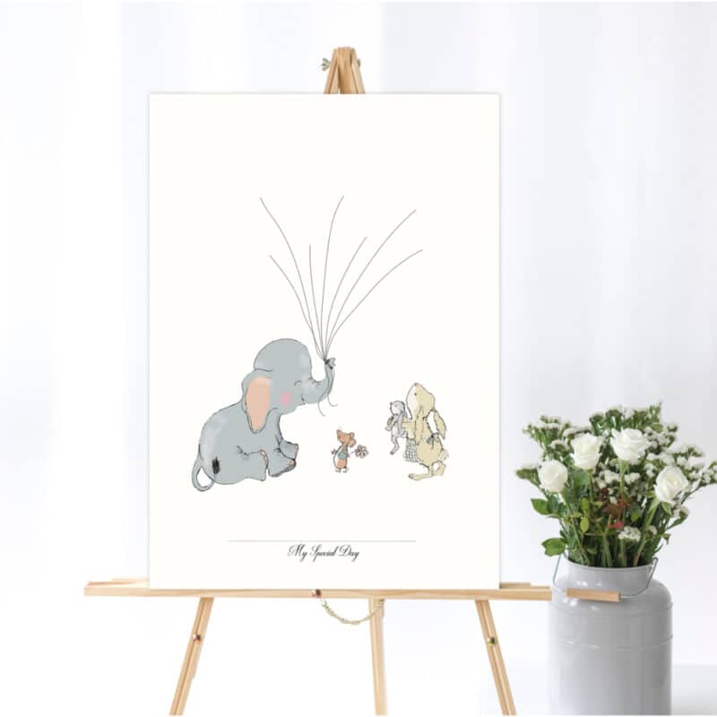 Fingerprint plakat på hvid baggrund, med gråblå elefant, en lille brun mus og en lille, beige kanin på. Elefanter holder snore i sin snabel, som med gæsternes fingeraftryk på, bliver til en flok balloner.