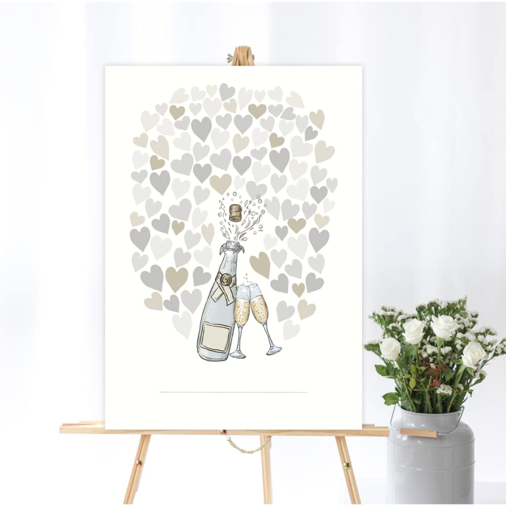 Gæsteplakat på hvid baggrund med lyseblå champagne og lysegule champagneglas på og lille, lyserøde og lyseblå hjerter over som gæster kan skrive deres navn i.