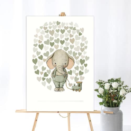 Gæsteplakat med grønne hjerter og sød elefant til babyfesten.