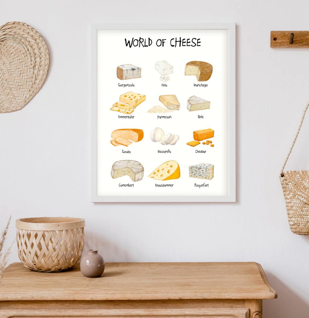Håndtegnet plakat med 12 forskellige former for ost