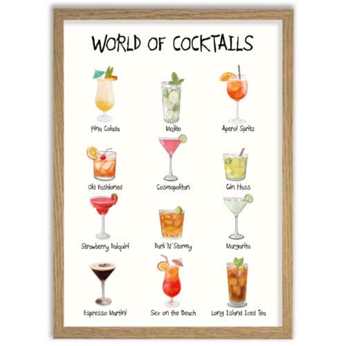 Plakat med 12 forskellige cocktails på hvid baggrund med teksten "World of Cocktails" øverst. De 13 forskellige cocktails er farverige og tegnet i en skæv, charmerende streg.