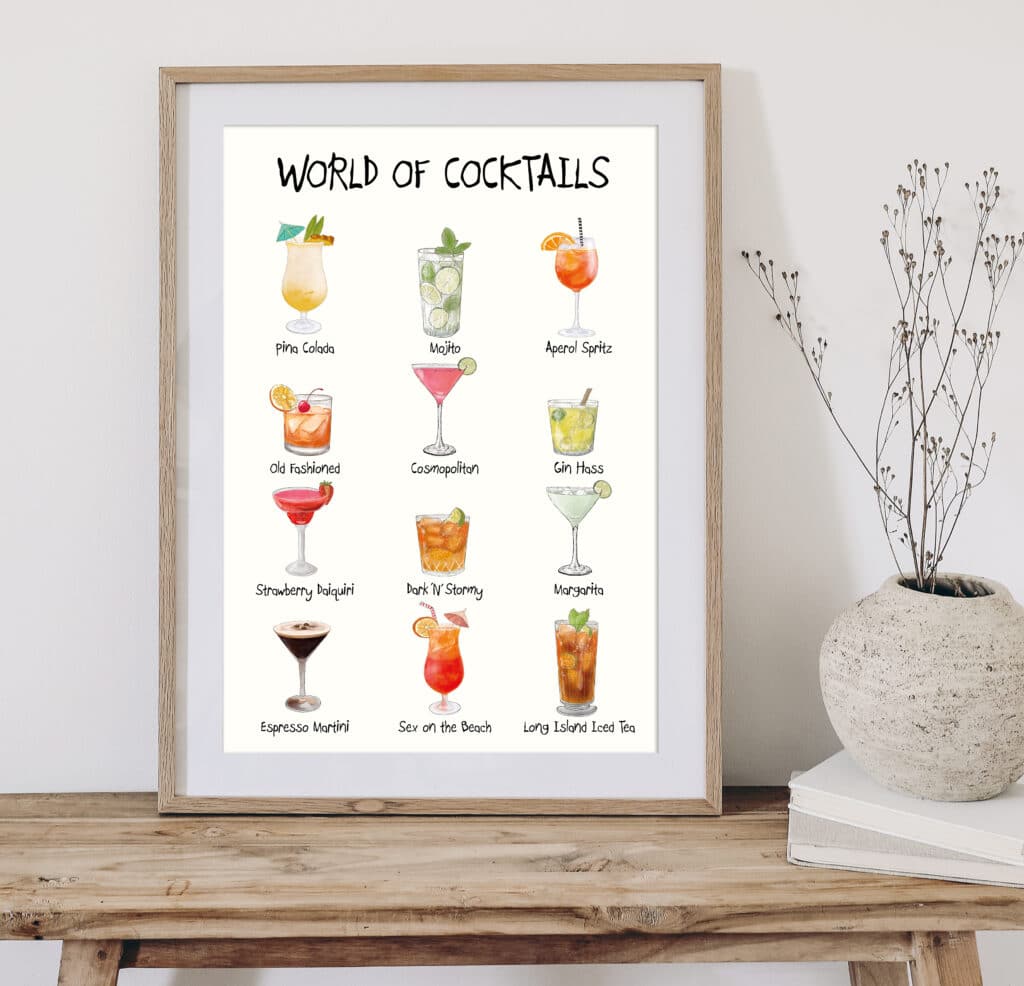 Skøn og festlig plakat med håndtegnede illustrationer af 12 forskellige cocktails.